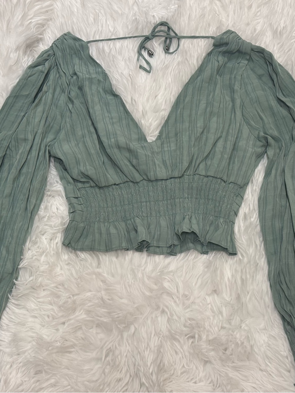Highfve Smocked Waist V-Neck Long Sleeve Top - Sage Green